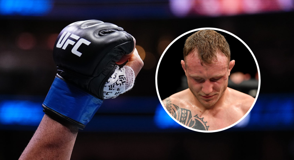 Split of a raised UFC glove and Jack Hermansson